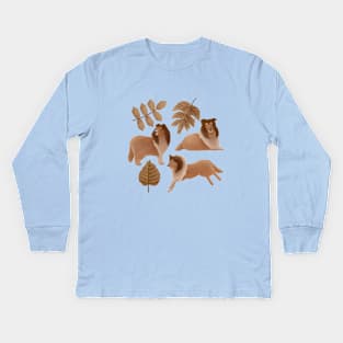 Rough Collie playing with the leaves Kids Long Sleeve T-Shirt